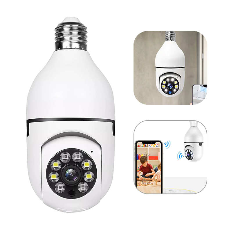 Cámara de seguridad inalámbrica inteligente con Wi-Fi, visión nocturna IR, bombilla E27 IP 1080P de 360°