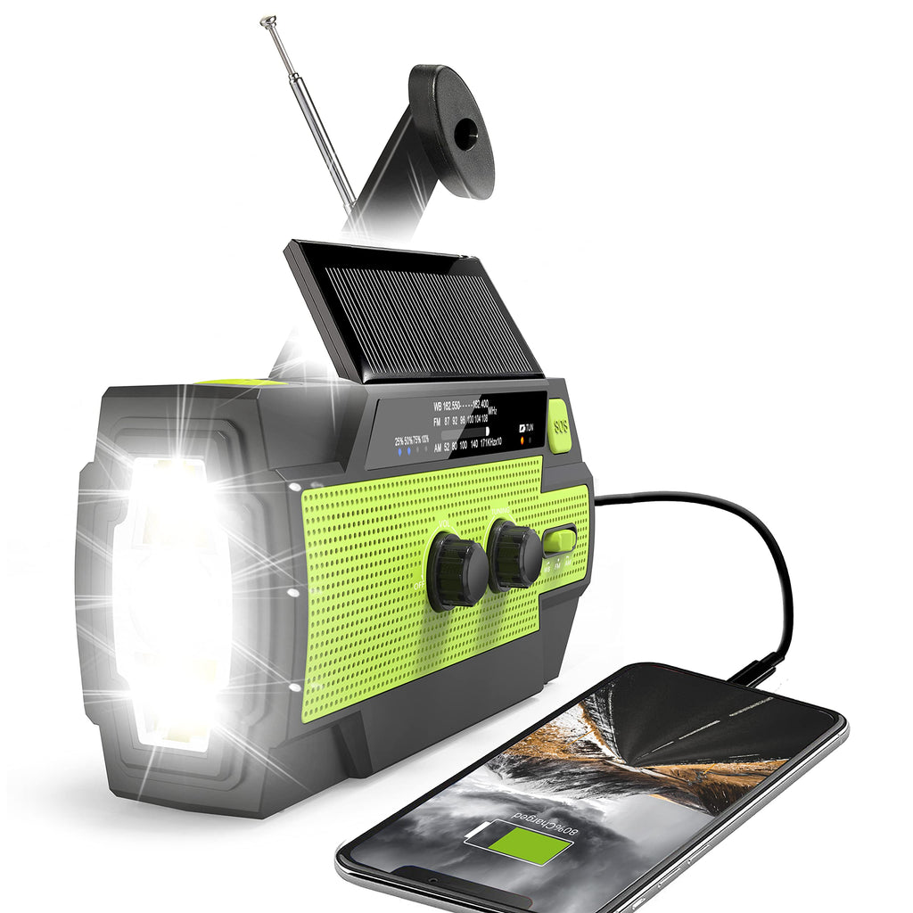 Emergency Crank Weather Radio 4000mAh Solar Hand Crank Portable AM/FM/NOAA with 1W 3 Mode Flashlight & Motion Sensor Reading Lamp Cell Phone Charger SOS for Home and Emergency Green
