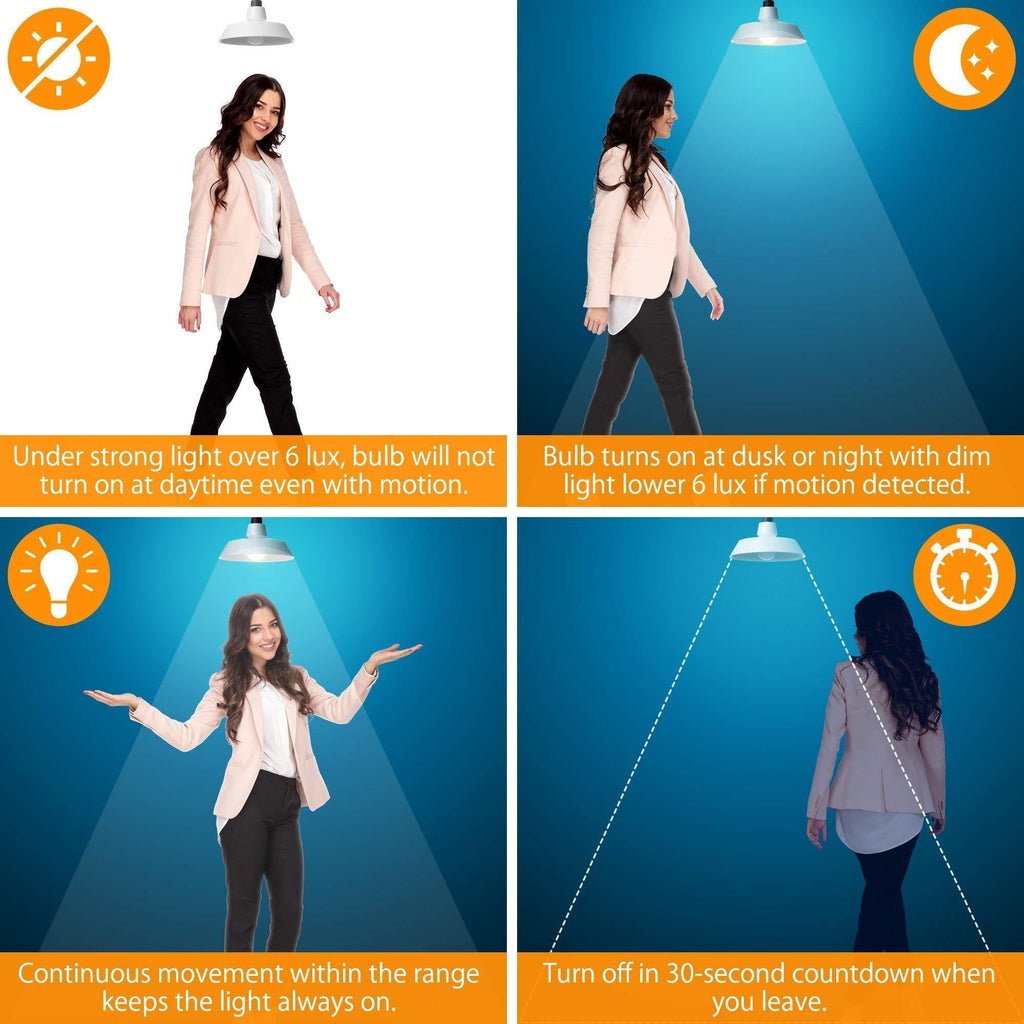 Bombilla con sensor de movimiento de radar para exteriores e interiores, luz diurna activada por movimiento, paquete de 2