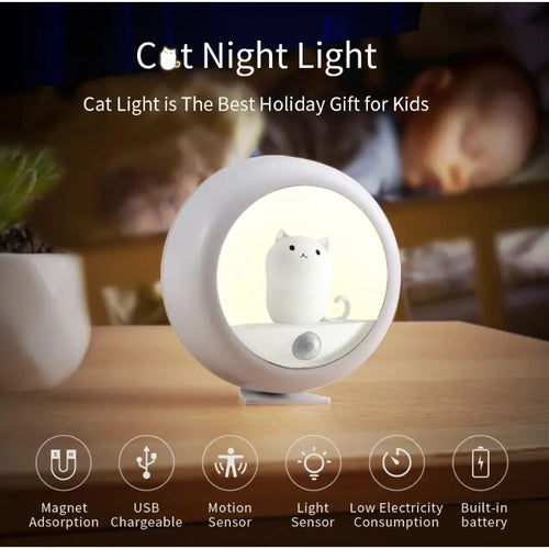 Linda lámpara de noche de gato con sensor de movimiento, a pilas
