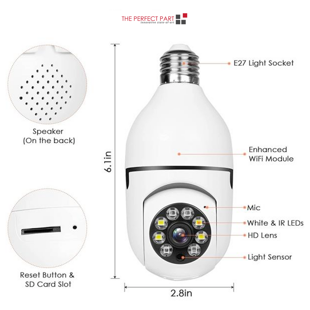 Cámara de seguridad inalámbrica inteligente con Wi-Fi, visión nocturna IR, bombilla E27 IP 1080P de 360°