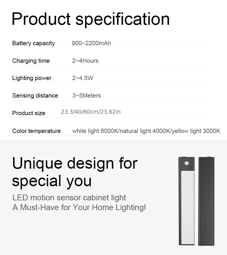 Luz LED de armario con sensor de movimiento para debajo del mostrador