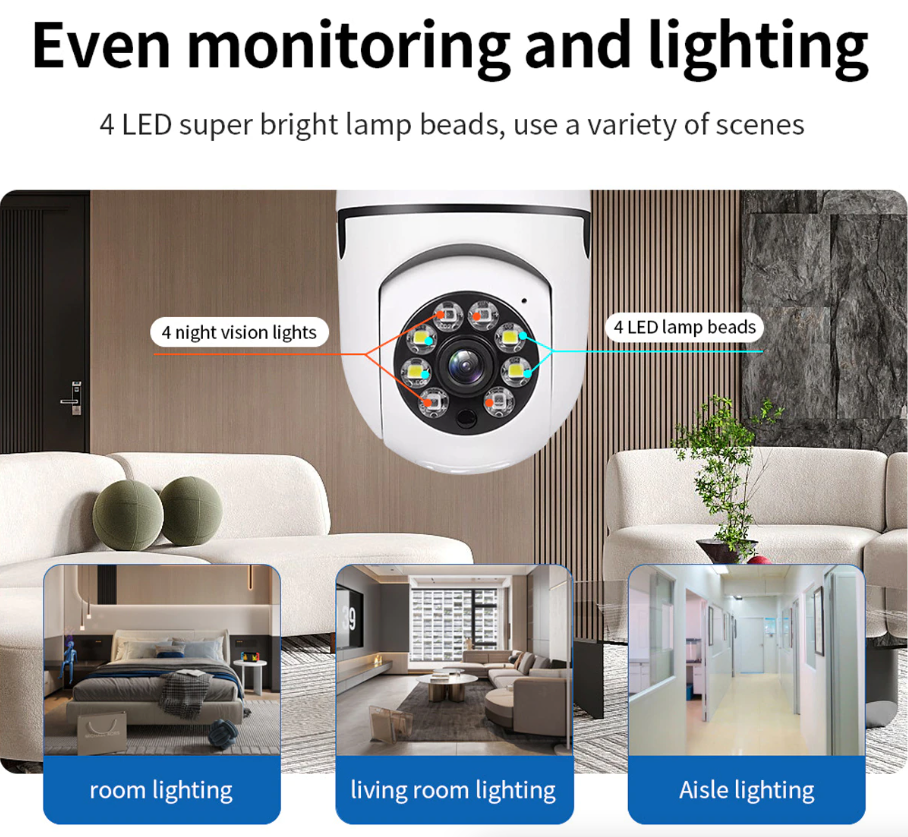 Cámara de seguridad inalámbrica inteligente con Wi-Fi, visión nocturna IR, bombilla E27 IP 1080P de 360°