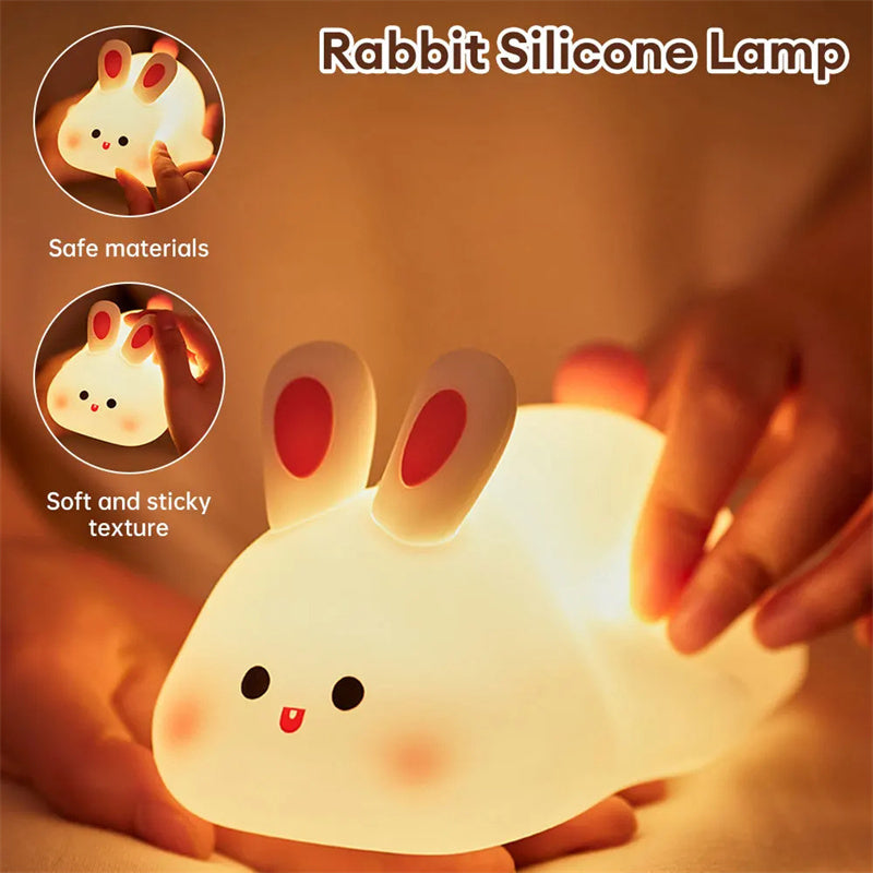 Bonita luz de noche LED, sensor táctil, luz de noche infantil con diseño de dibujos animados, lámpara de noche de silicona con cara de conejo grande, regalo de Navidad, lámpara de noche para decoración del hogar
