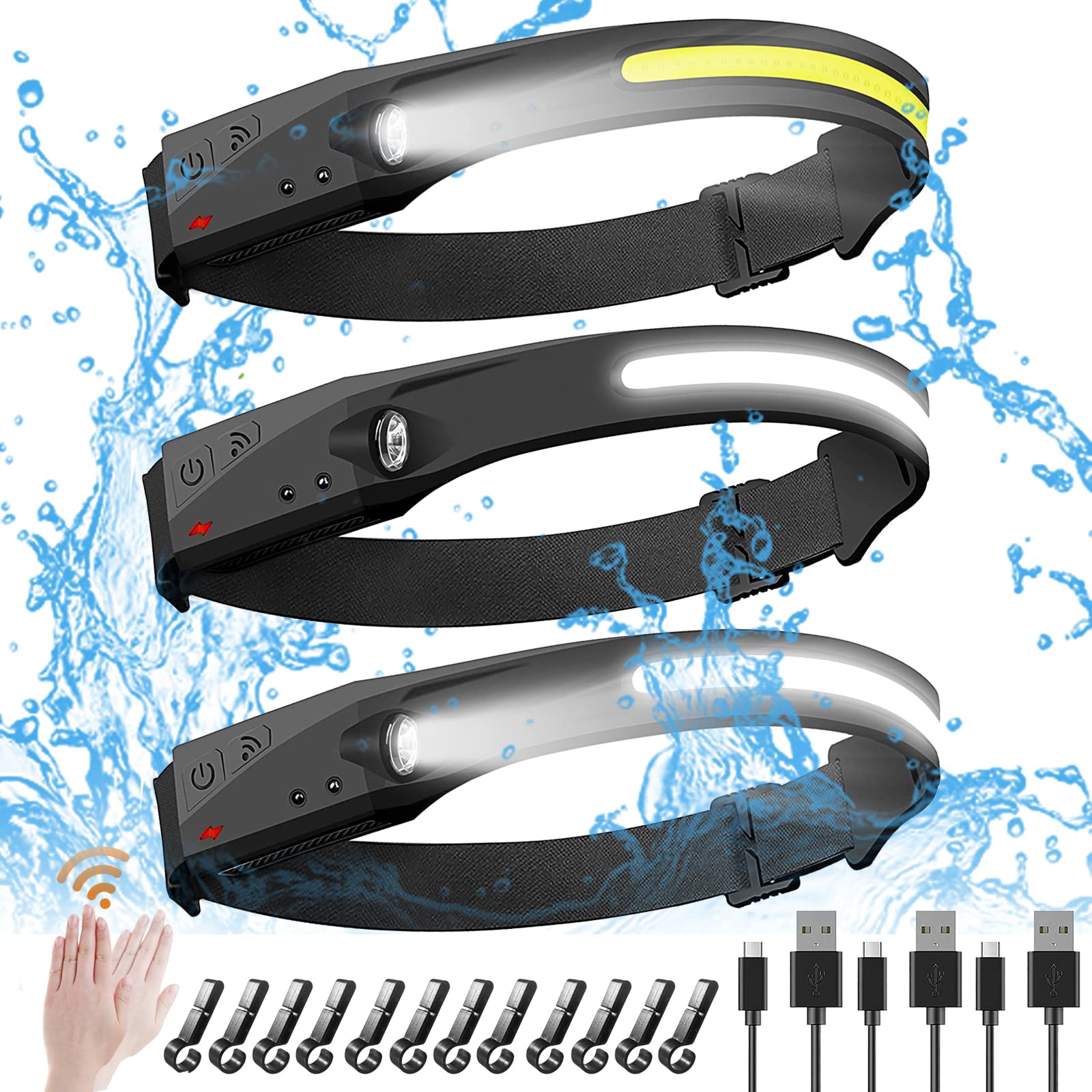 JIMEJV Headlamp 3 Pack Rechargeable 230° Wide Beam Headlamps 5 Lighting Modes Motion Sensor Headlamp Adjustable Headband Lightweight Waterproof Headlight for Fishing Camping…