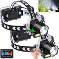 Linterna frontal LED recargable AXRUNZE de 150 000 lúmenes superbrillante con 10 modos y sensor de movimiento, paquete de 2 faros con zoom, resistente al agua IPX7, ajustable a 135° para senderismo, camping, carrera al aire libre