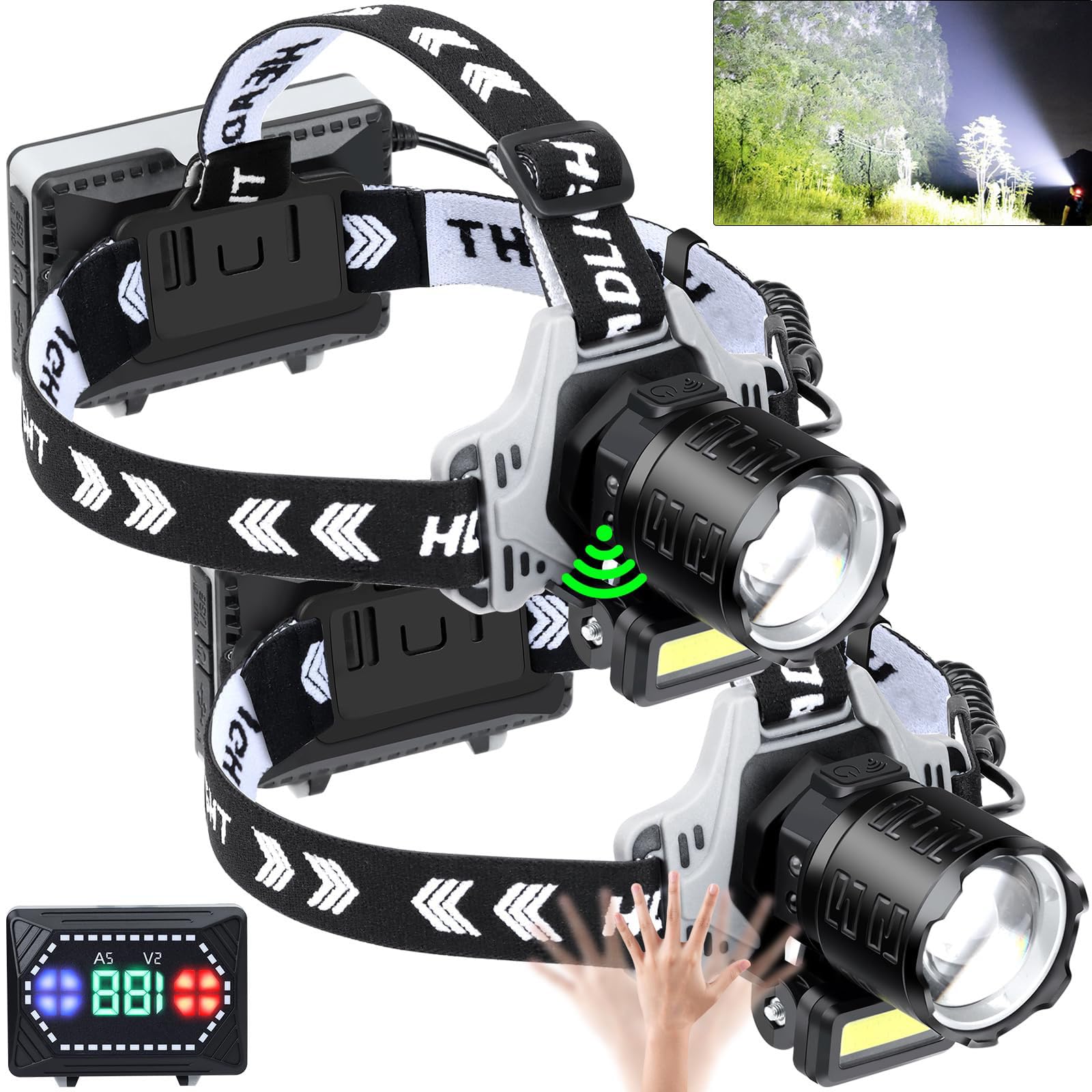 AXRUNZE LED Headlamp Rechargeable 150000 Lumens Super Bright with 10 Modes & Motion Sensor 2 Pack Head Lamp with Zoomable IPX7 Waterproof 135°Adjustable for Outdoor Hiking Camping Running