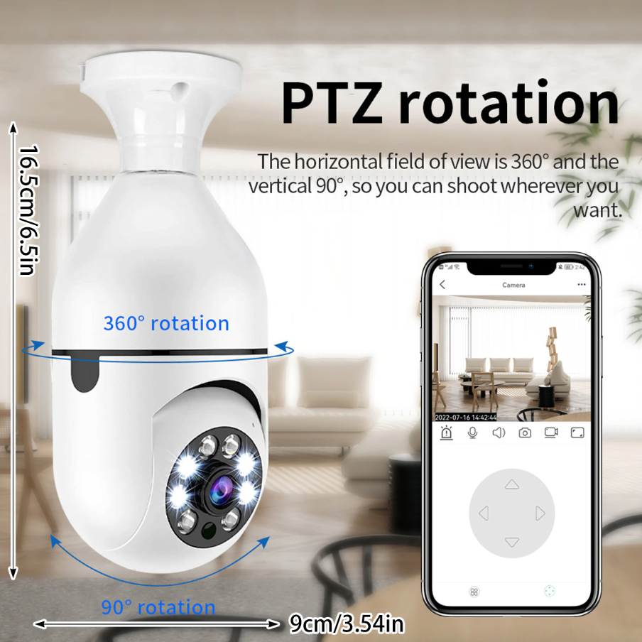 Cámara de seguridad inalámbrica inteligente con Wi-Fi, visión nocturna IR, bombilla E27 IP 1080P de 360°