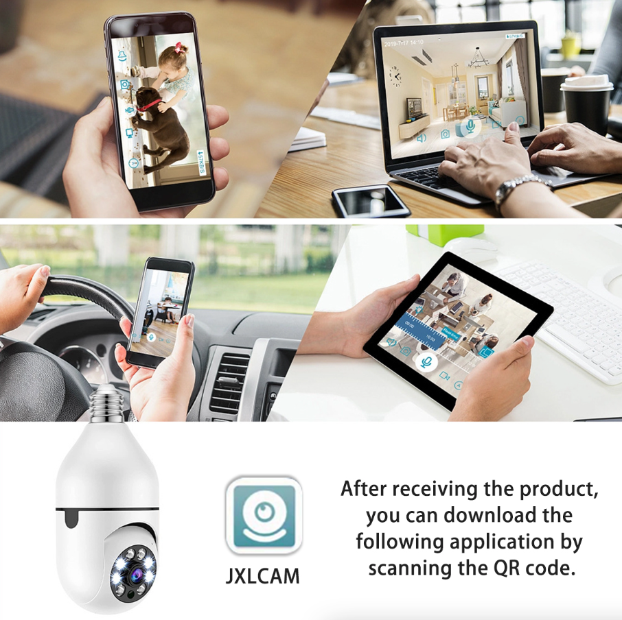 Cámara de seguridad inalámbrica inteligente con Wi-Fi, visión nocturna IR, bombilla E27 IP 1080P de 360°