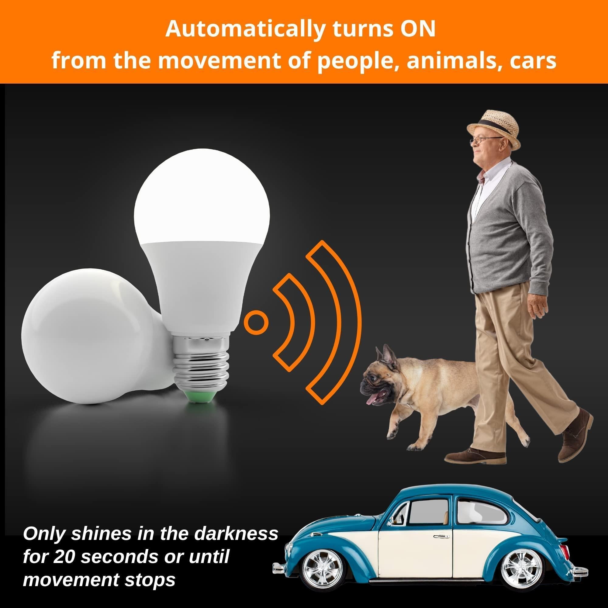 Bombilla con sensor de movimiento de radar para exteriores e interiores, luz diurna activada por movimiento, paquete de 2