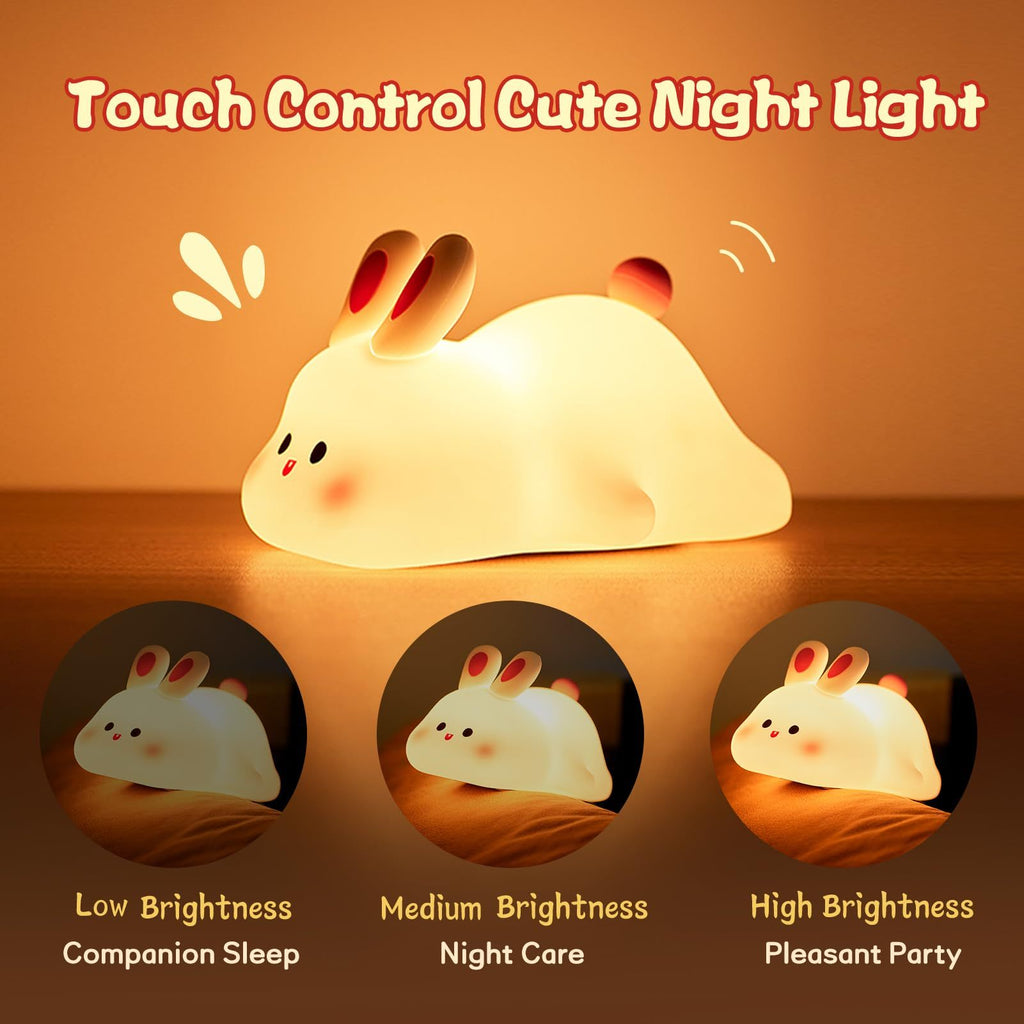 Bonita luz de noche LED, sensor táctil, luz de noche infantil con diseño de dibujos animados, lámpara de noche de silicona con cara de conejo grande, regalo de Navidad, lámpara de noche para decoración del hogar