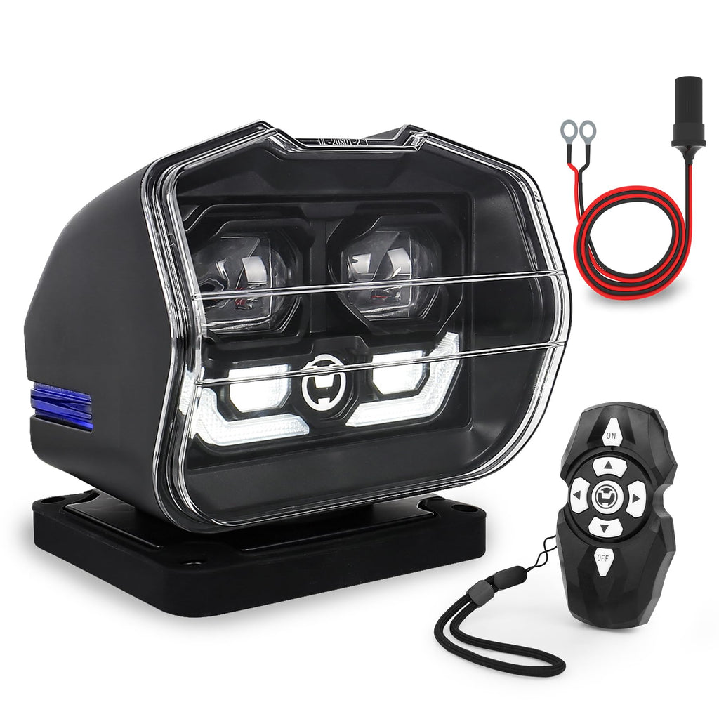 Luz de búsqueda LED MOVOTOR con control remoto inalámbrico, proyector giratorio de 360° con base magnética potente y montaje permanente, luz de foco LED de búsqueda automática para barcos, marinas, SUV y campos agrícolas