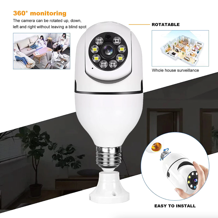 Cámara de seguridad inalámbrica inteligente con Wi-Fi, visión nocturna IR, bombilla E27 IP 1080P de 360°