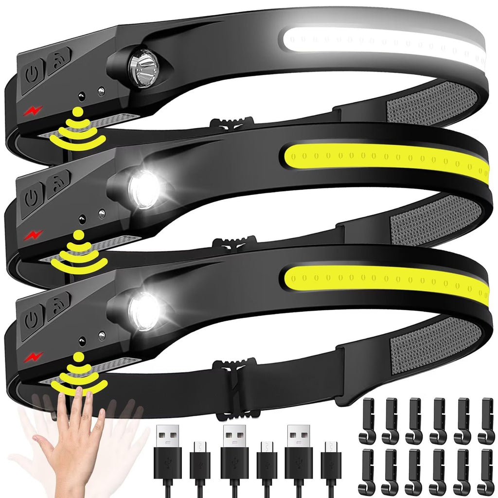 Linterna frontal recargable 3 unidades, 230° de haz ancho, faro LED con sensor de movimiento para adultos - Accesorios de camping, equipo impermeable, linterna frontal para senderismo, correr, reparar, pescar, ciclismo
