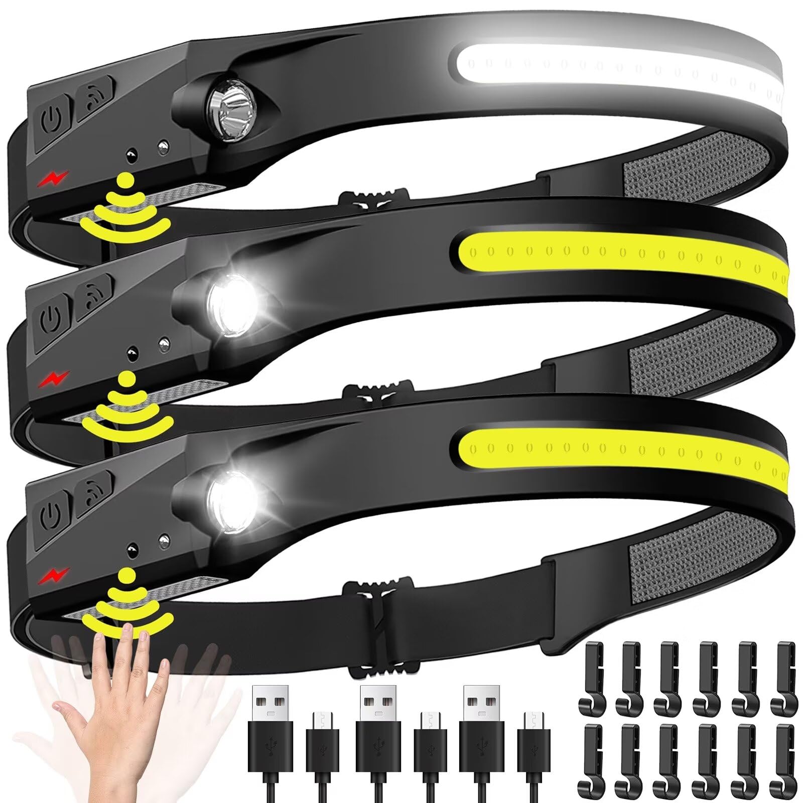 Headlamp Rechargeable 3PCS 230° Wide Beam Head Lamp LED with Motion Sensor for Adults - Camping Accessories Gear Waterproof Head Light Flashlight for Hiking Running Repairing Fishing Cycling