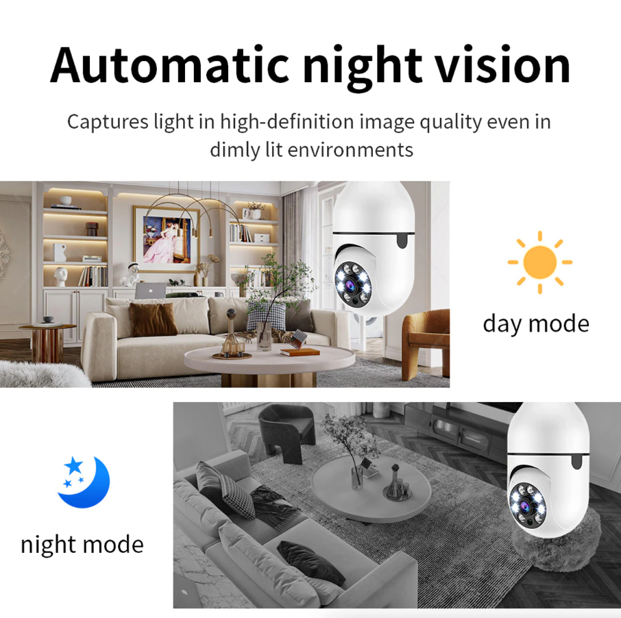 Cámara de seguridad inalámbrica inteligente con Wi-Fi, visión nocturna IR, bombilla E27 IP 1080P de 360°